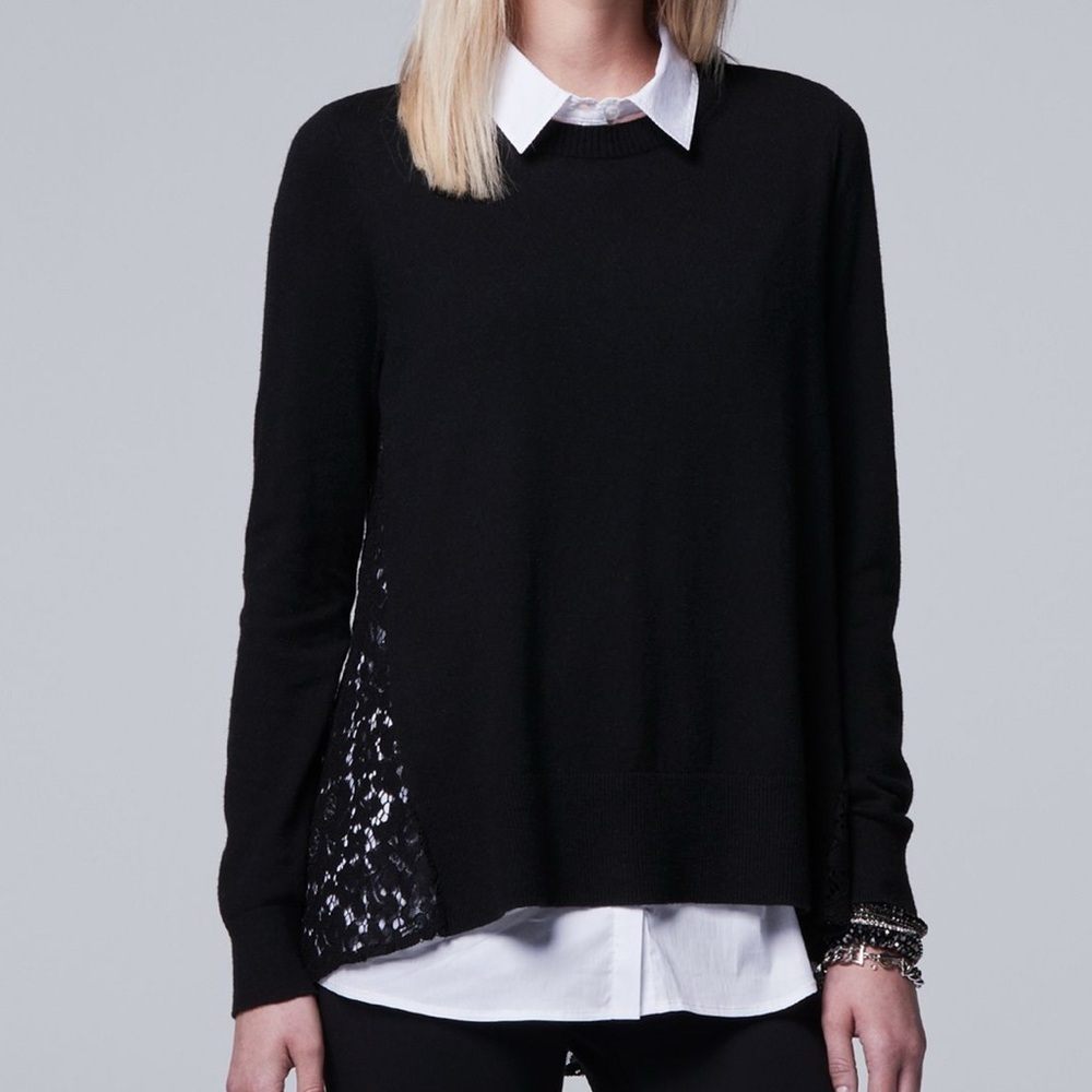 Simply Vera Wang Sweater with Collar Detailing & Lace - Small in Black & White
